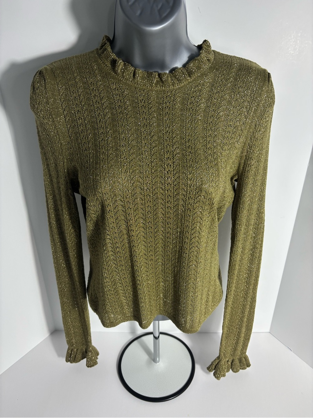 DÔEN Metallic Olive Pointelle Knit Sweater Women’s Ruffle Trim Romantic Boho Top